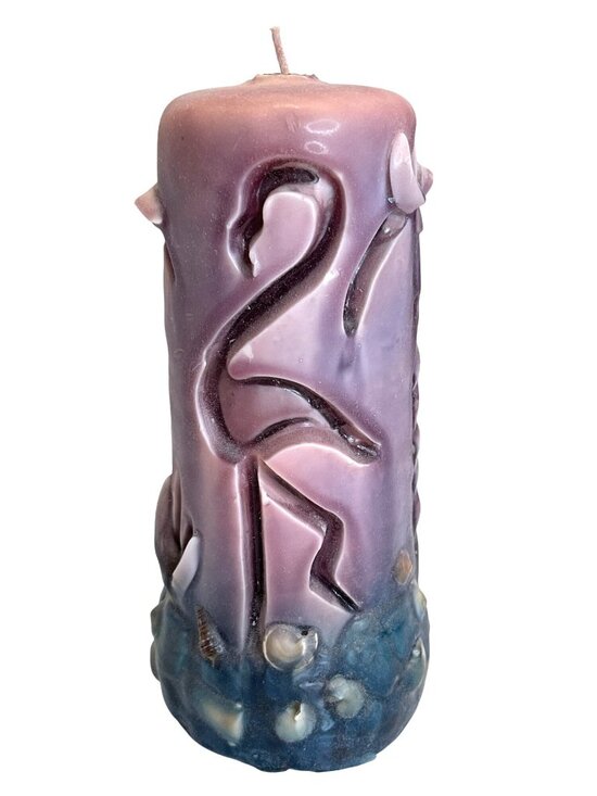 unknown Other - Inlay Pillar Art Candle Glow Through Carved Flamingo Palm Tree Shell Y2k Vintage